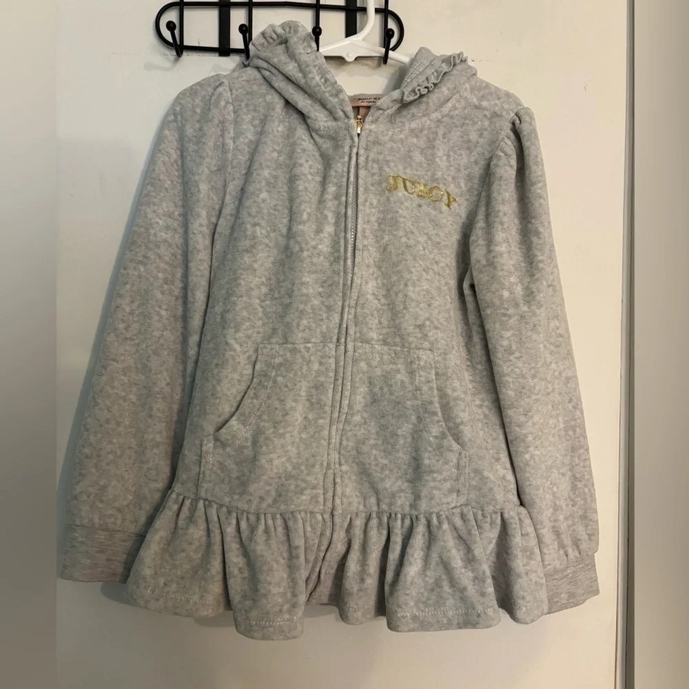 Juicy Couture Girls Kids Sz 6 Hooded Full Zip Logo Ruffled Crown Gold Gray